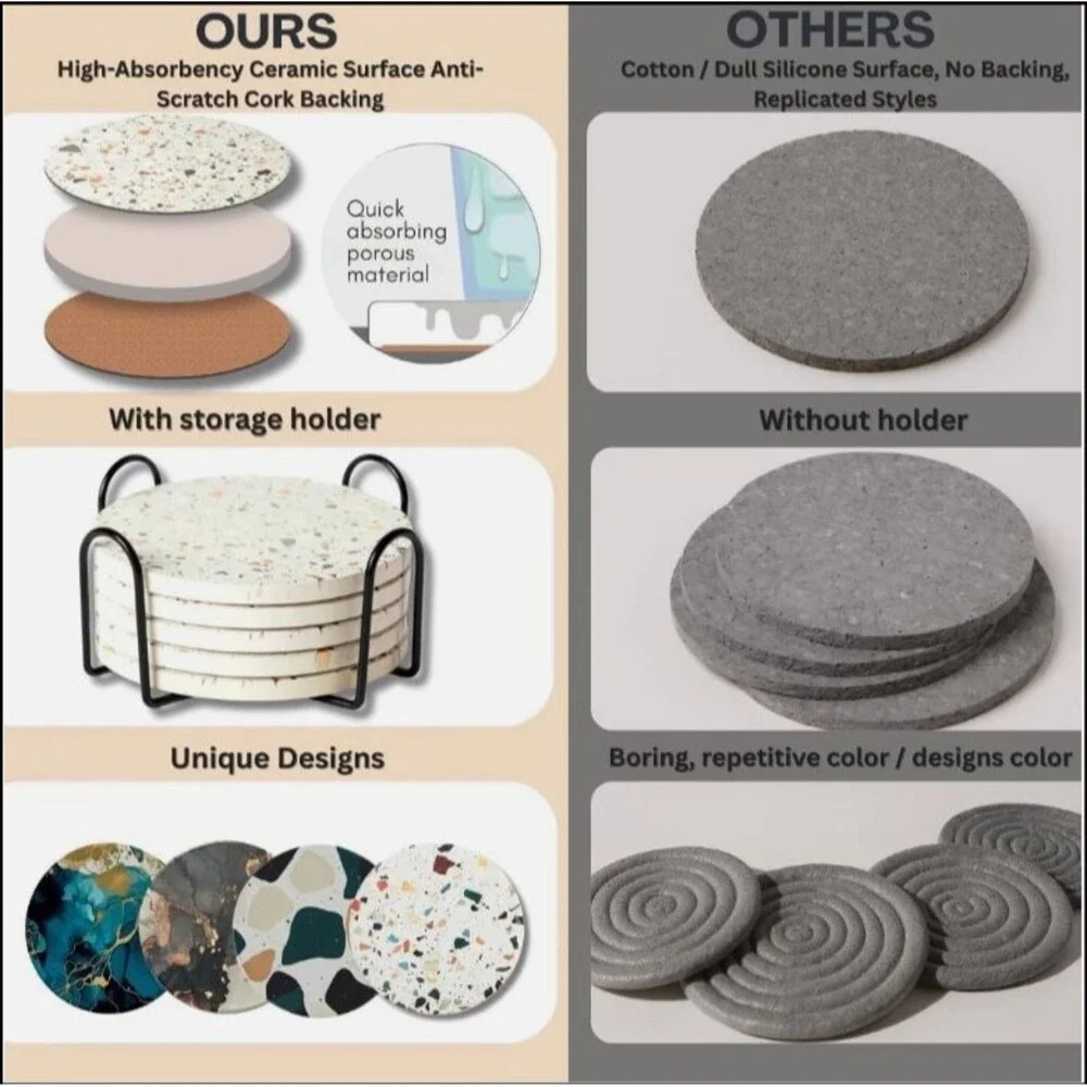 NIB Terrazzo Drink Absorbent Coasters with Holder Set of 6, Ceramic Coasters